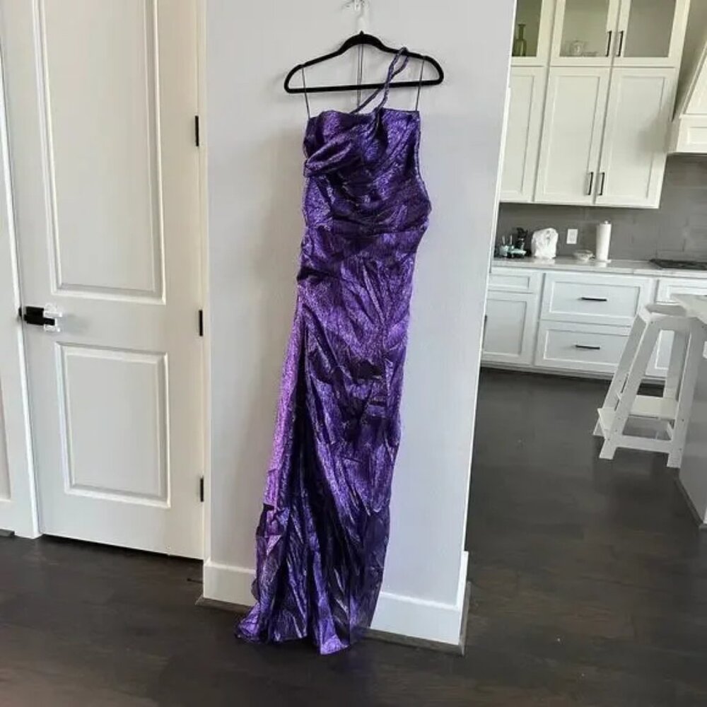 NWT OSCAR DE LA RENTA One-Shoulder Draped Silk-Blend Lame Gown Size 6